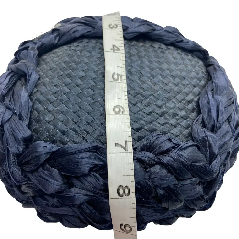 Straw Hat Vintage 60s Womens Navy Blue Fitted Classic with Rhinestone Details - Picture 6 of 15